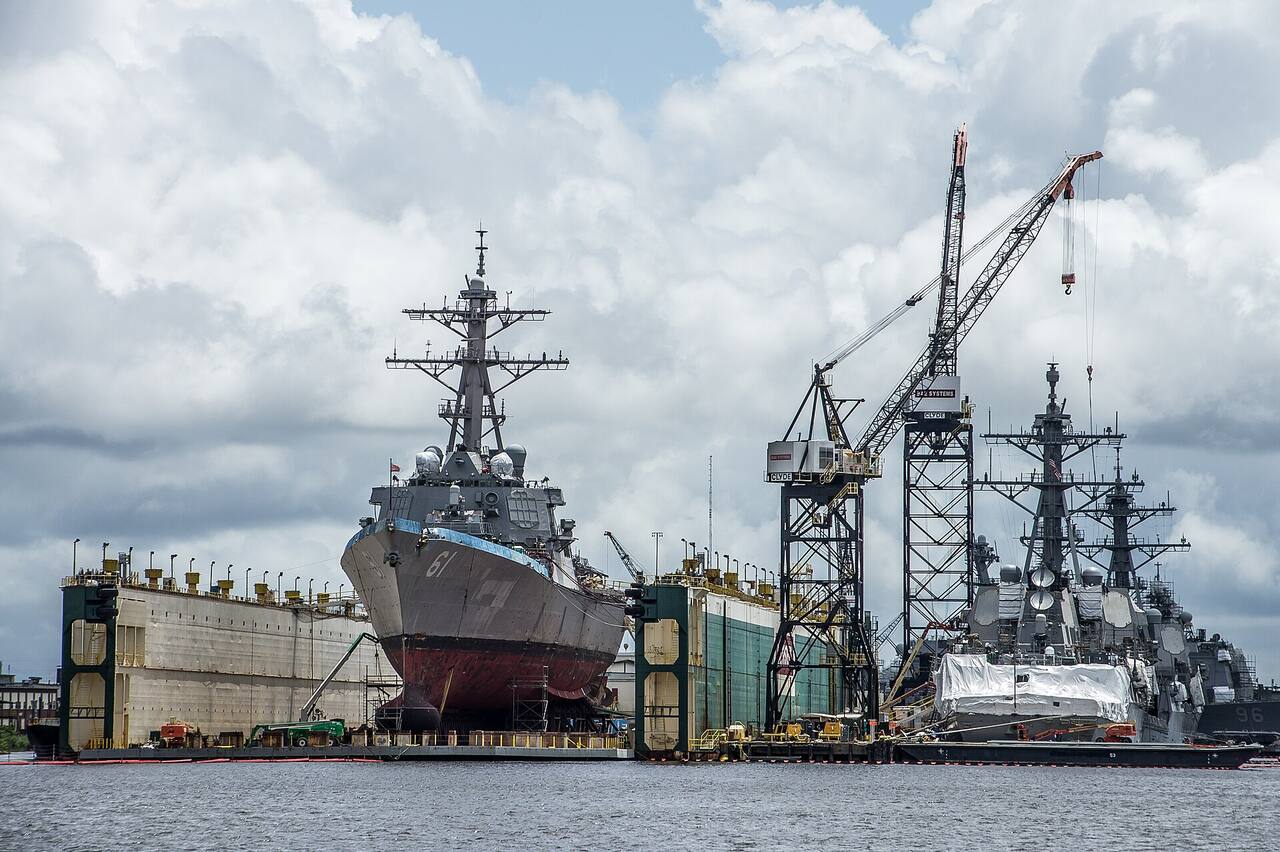 U.S. Navy destroyer in dry dock at Norfolk Naval Shipyard